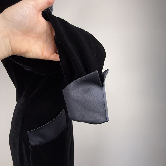 Vintage 80s Depêche Mode Black Velvet Cocktail Dress Satin Trim Mock Neck Korea - Picture 6 of 10